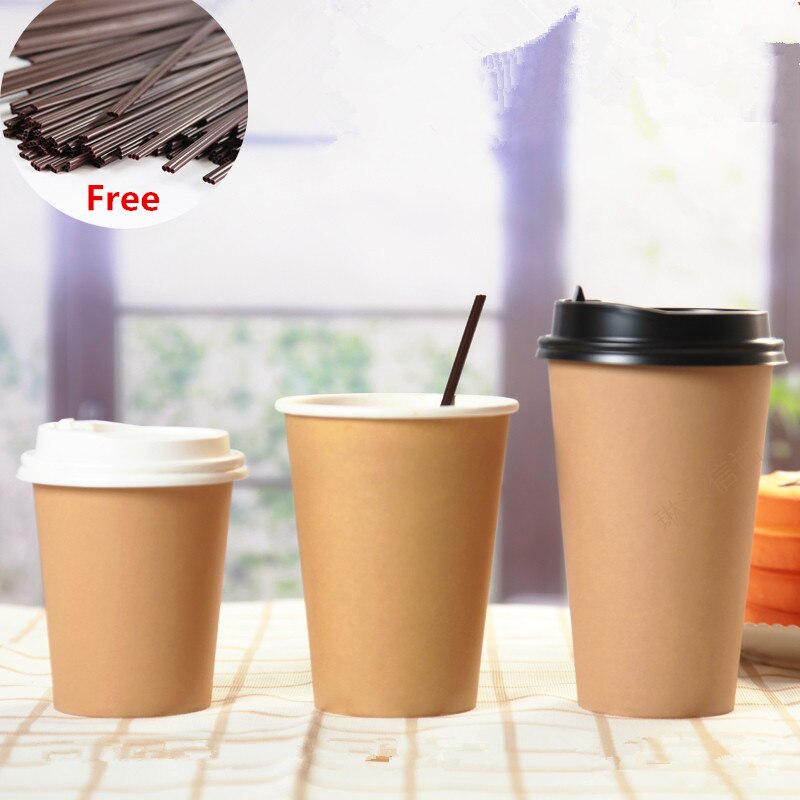 Taza de café desechable gruesa de una sola capa de papel Kraft, 8oz/12oz/16 leche onzas, vasos de embalaje para llevar Zumo de té con tapa, 50 Uds.