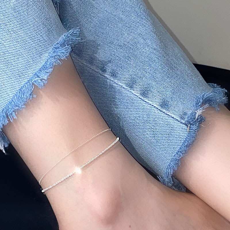 Shiny 925 Sterling Zilveren Enkelbanden Eenvoudige Double Layer Chain Enkelbanden Voor Vrouwen Zomer Sieraden Trend Fijne Sieraden