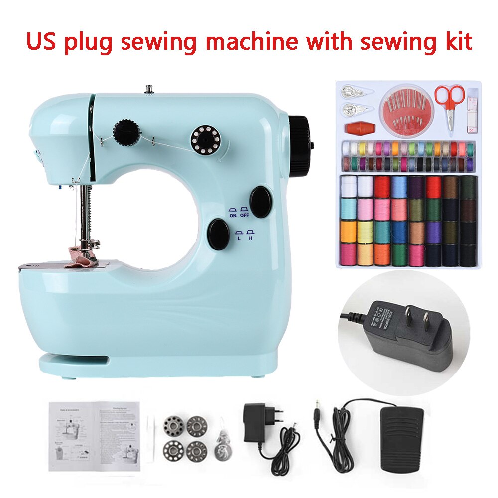 Sewing Machine Mini Portable Household Small With Night Light Pedal Electric Set Multifunctional Handicraft Repair Beginner Blue: US plug with kit