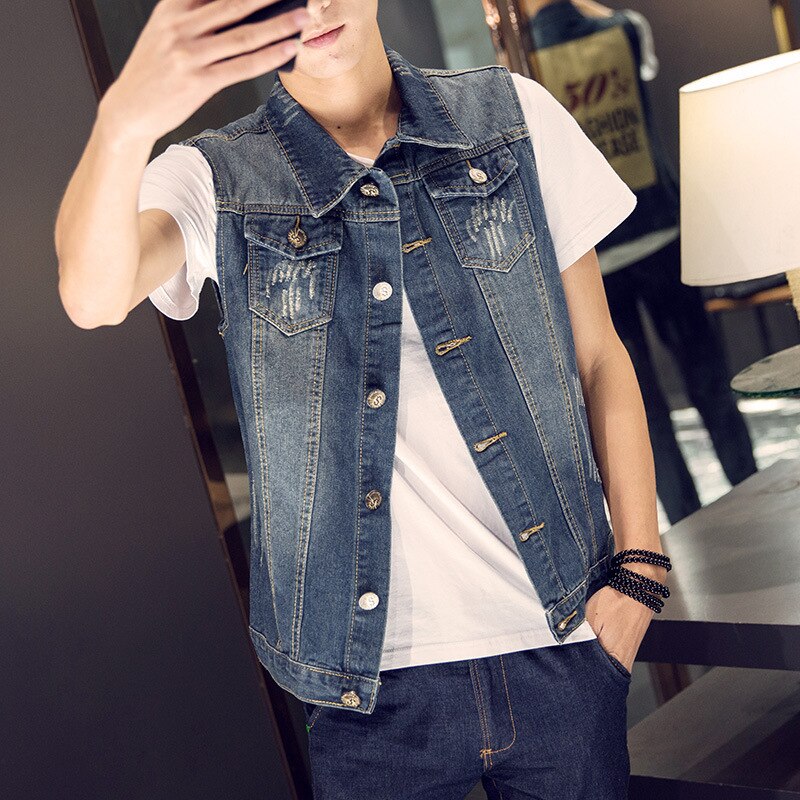 Sleeveless Denim Vest for Men Streetwear Korean Style Turn-down Collar Patchwork Skinny Jackets Casual Waistcoat Male