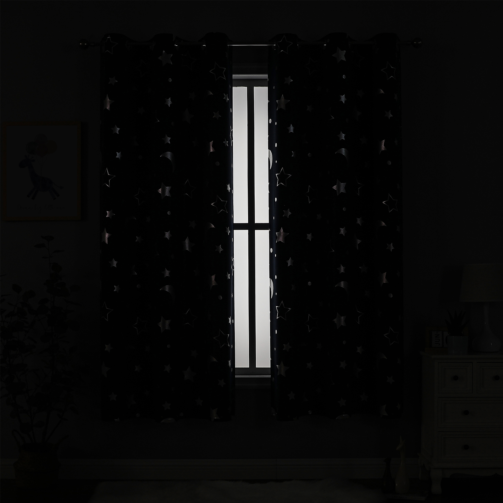 Cortinas oscurecedoras para habitación con estrella plateada y Luna para niños, dormitorio de guardería, cortina opaca para niños, cortinas aislantes térmicas con ojales