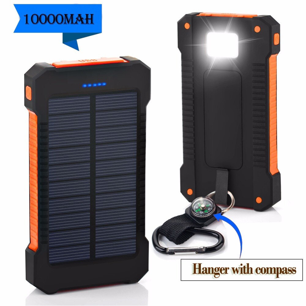 Top NIEUW Waterdicht Solar Power Bank 10000mah Dual USB Li-Polymer Solar Battery Charger Reizen Powerbank Met een kompas LED light