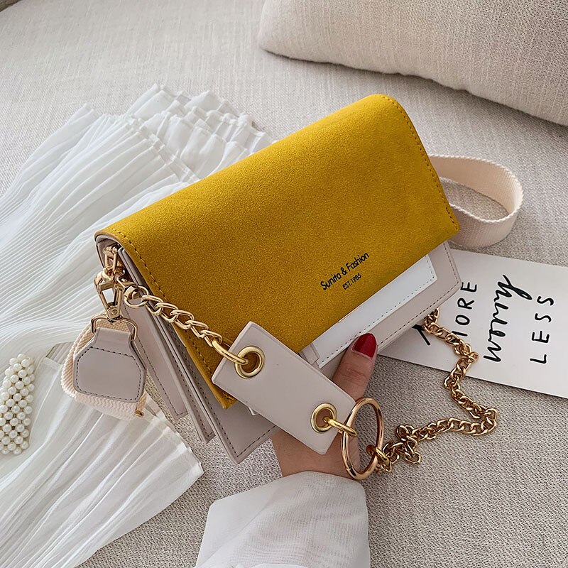 Scrub Leather Contrast Color Crossbody Bags For Women Chain Messenger Shoulder Bag Ladies Purses and Handbags Cross Body: Yellow