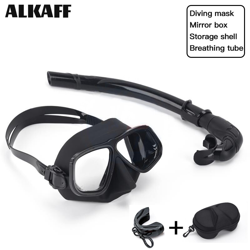 low volume free diving mask Alloy frame scuba diving equipment Snorkel goggles Toughened glass for free dive: Pure black suit