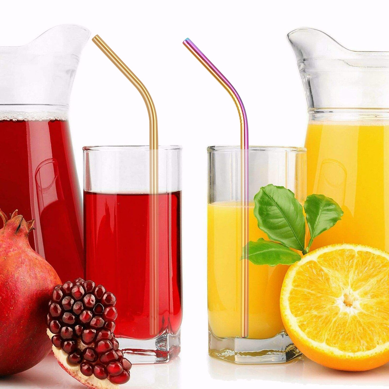 Neoteck-pajitas de Metal de acero inoxidable para bebidas, reutilizables y limpiadoras, surtido de pajitas dobladas con cepillos para fiestas, 10 Uds.