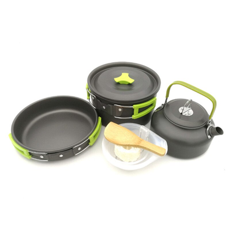 Vilead draagbare kampeerset met pot, pan en waterkoker van aluminiumlegering, servies voor buiten, kookgerei, 3 stuks/set, theepot, kookgereedschap voor picknick en barbecue.: Groene accessoires