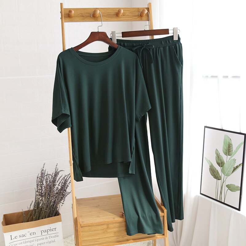 Plus size modal algodão conjunto pijama feminino solto casual homewear terno 2 pçs roupas de verão em casa senhoras manga curta pijamas terno: green / M
