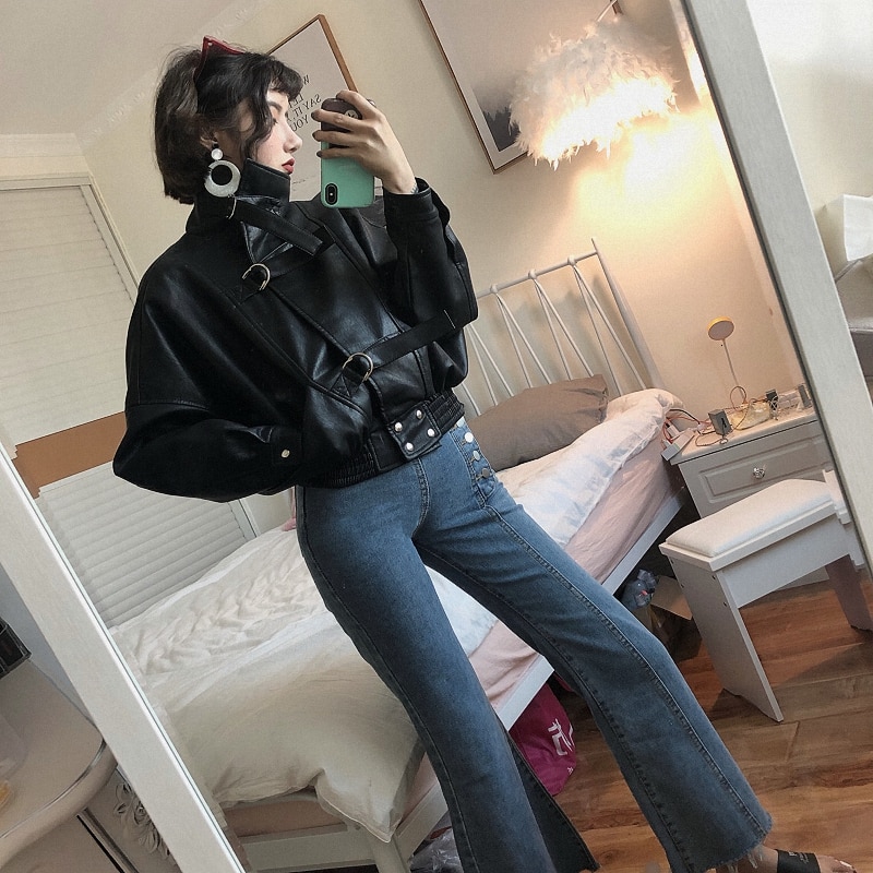 Oversize Women Faux Leather Jacket Batwing Sleeve Moto Biker Coat Short Zipper PU Black Jacket Spring Street Leather Coat PY102