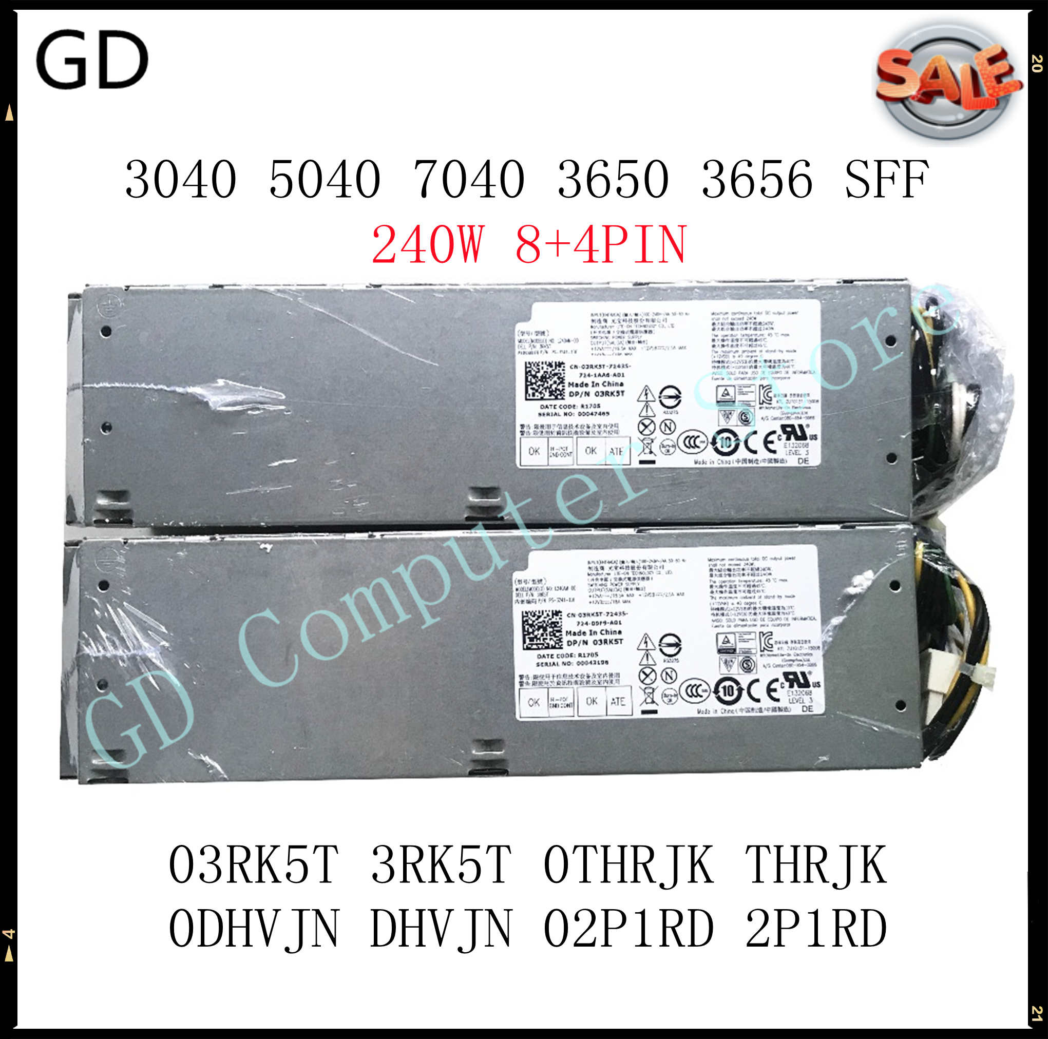 GD For Dell Optiplex 3040 5040 7040 3650 3656 SFF Power Supply 240W 03RK5T 3RK5T 0THRJK THRJK 0DHVJN DHVJN 02P1RD 2P1RD