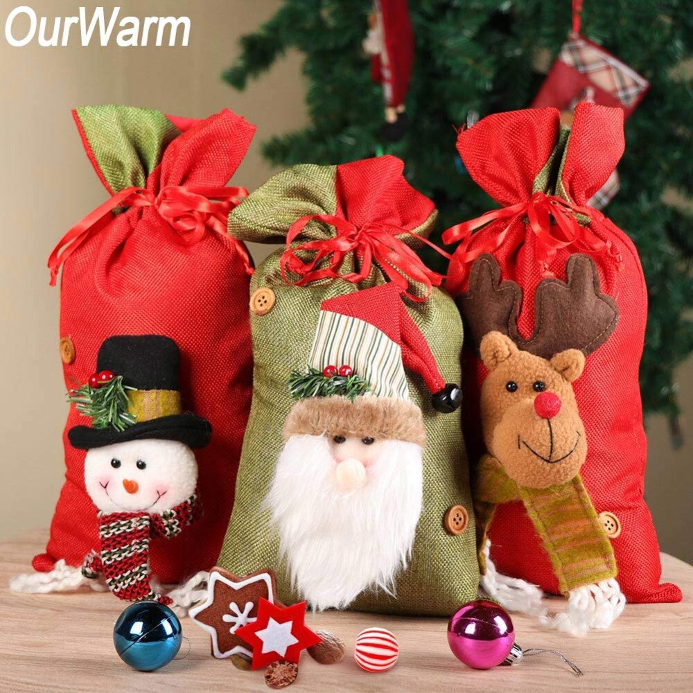 OurWarm Grote Kerst Sacks Candy Bags 3D Sneeuwpop Kerstman Elanden Christmas Party Decoratie Nieuwjaar 20x38cm