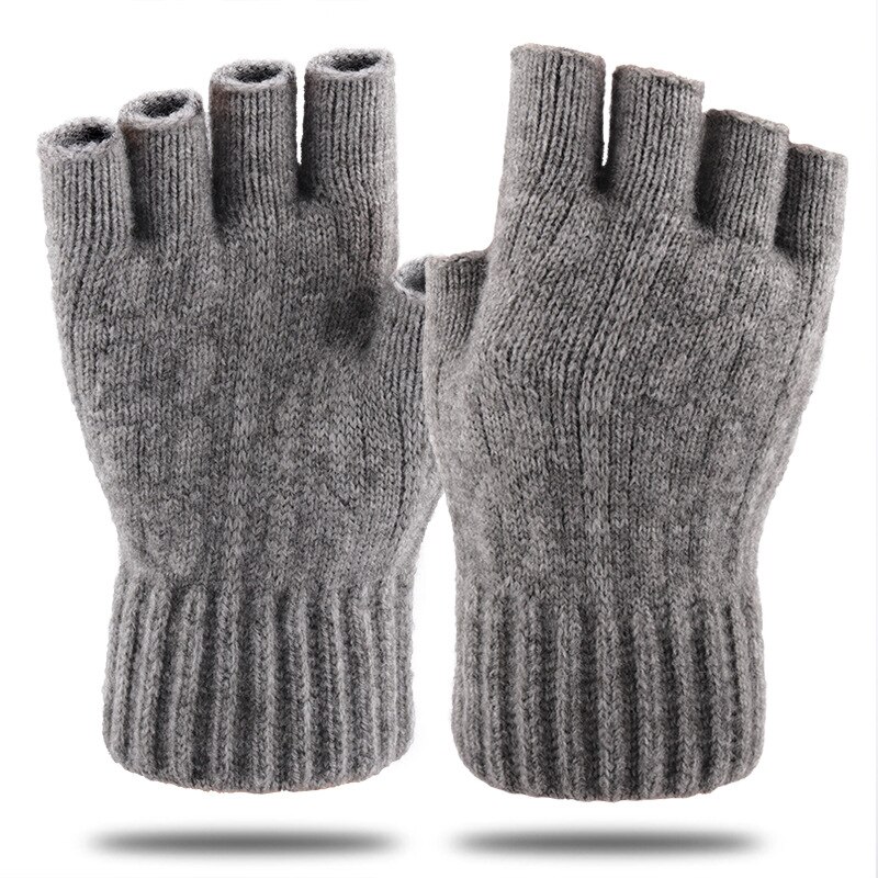 Vinter cashmere uld halvfingerhandsker kvinder og mænds strikkede fingerløse handsker efteråret holder varme vanter: Lysegrå