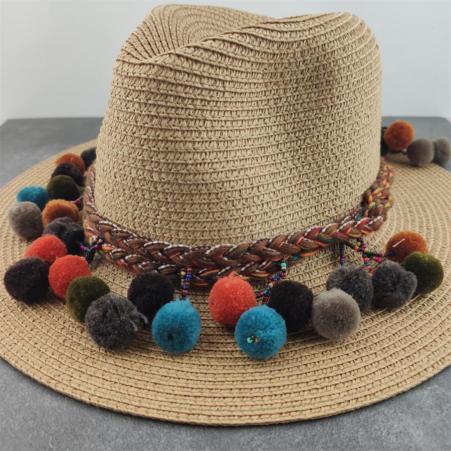Boho stil solhat bred skygge floppy sommerhatte til kvinder strand panama stråkuppel blomsterhat femme skyggehat: 6