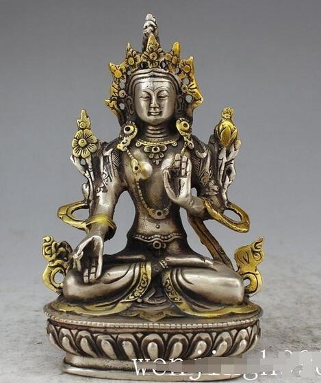 Decoratie Tibet Koper Zilver 6 "Oude Tibet Boeddhisme Zilver Koper Witte Tara Kwan-Yin Bodhisattva Boeddha standbeeld