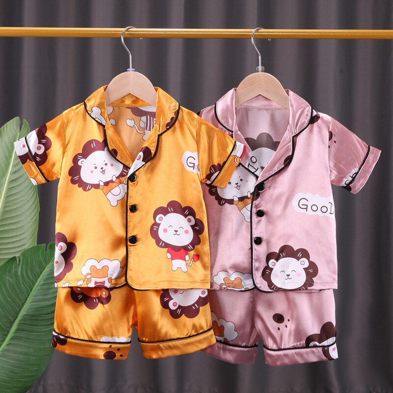 Children&#39;s pajamas set Summer Baby suit Kids Clothes Toddler Boys Girls Ice silk satin Tops Pants Set home Wear Kids pajamas