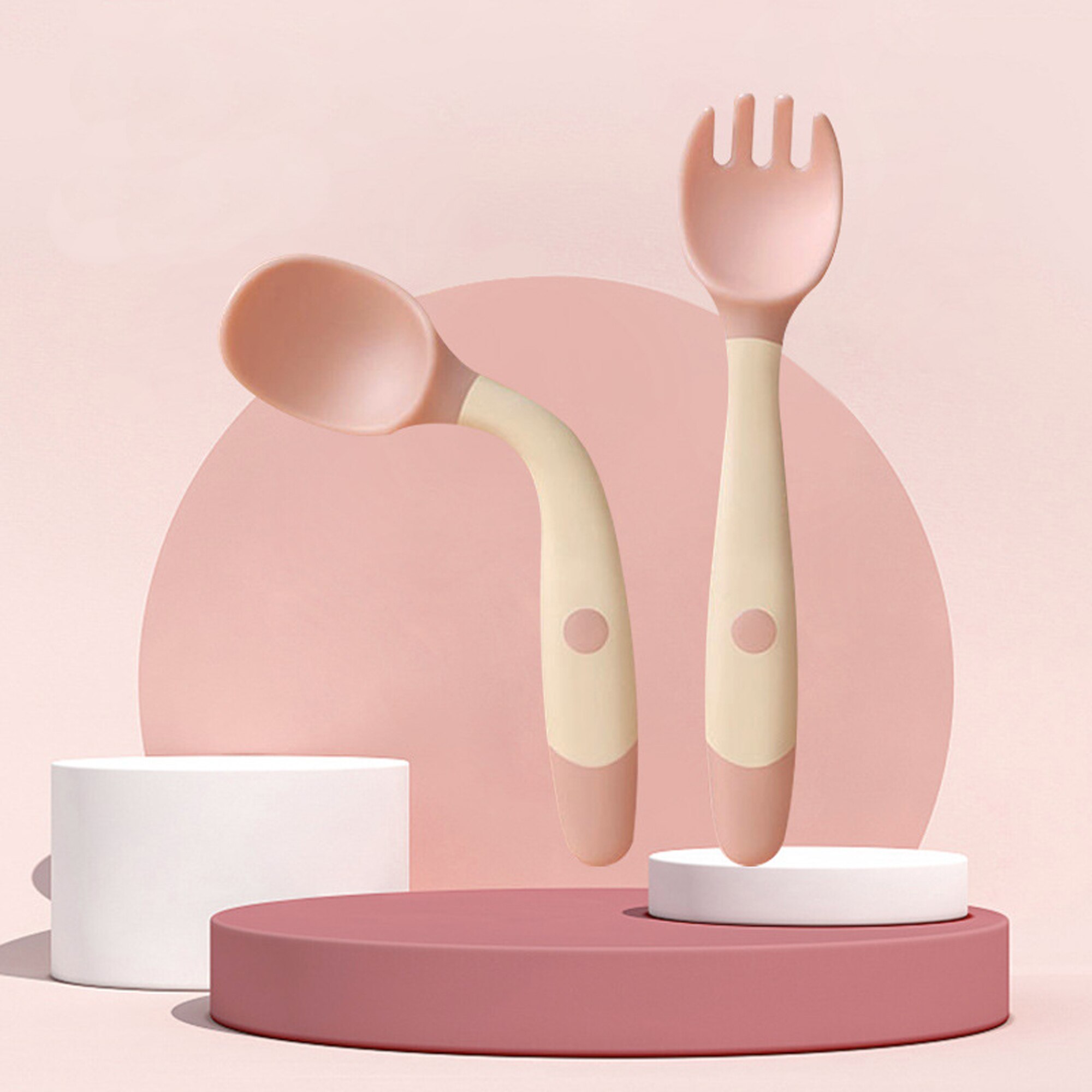 Siliconen Lepel Voor Baby Gebruiksvoorwerpen Set Extra Voedsel Peuter Leren Eten Training Buigbare Zachte Vork Zuigeling Kinderen Servies: Pink