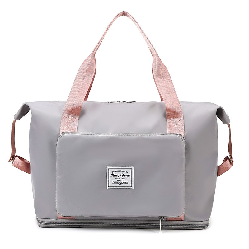 Large capacity foldable travel bag for women, multi-functional waterproof duffle bag, unisex sports gym handbag, storage tote bag: Grey pink