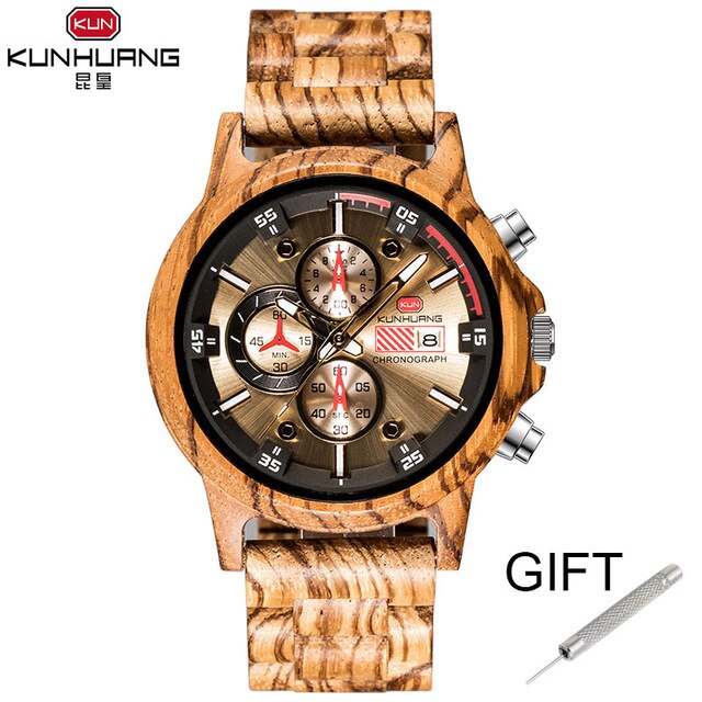 Handgemaakte Natuurlijke Houten Horloges Chronograaf Datum Sport Heren Horloges Top Luxe Horloge Met Japanse Beweging Voor: Zebra wood