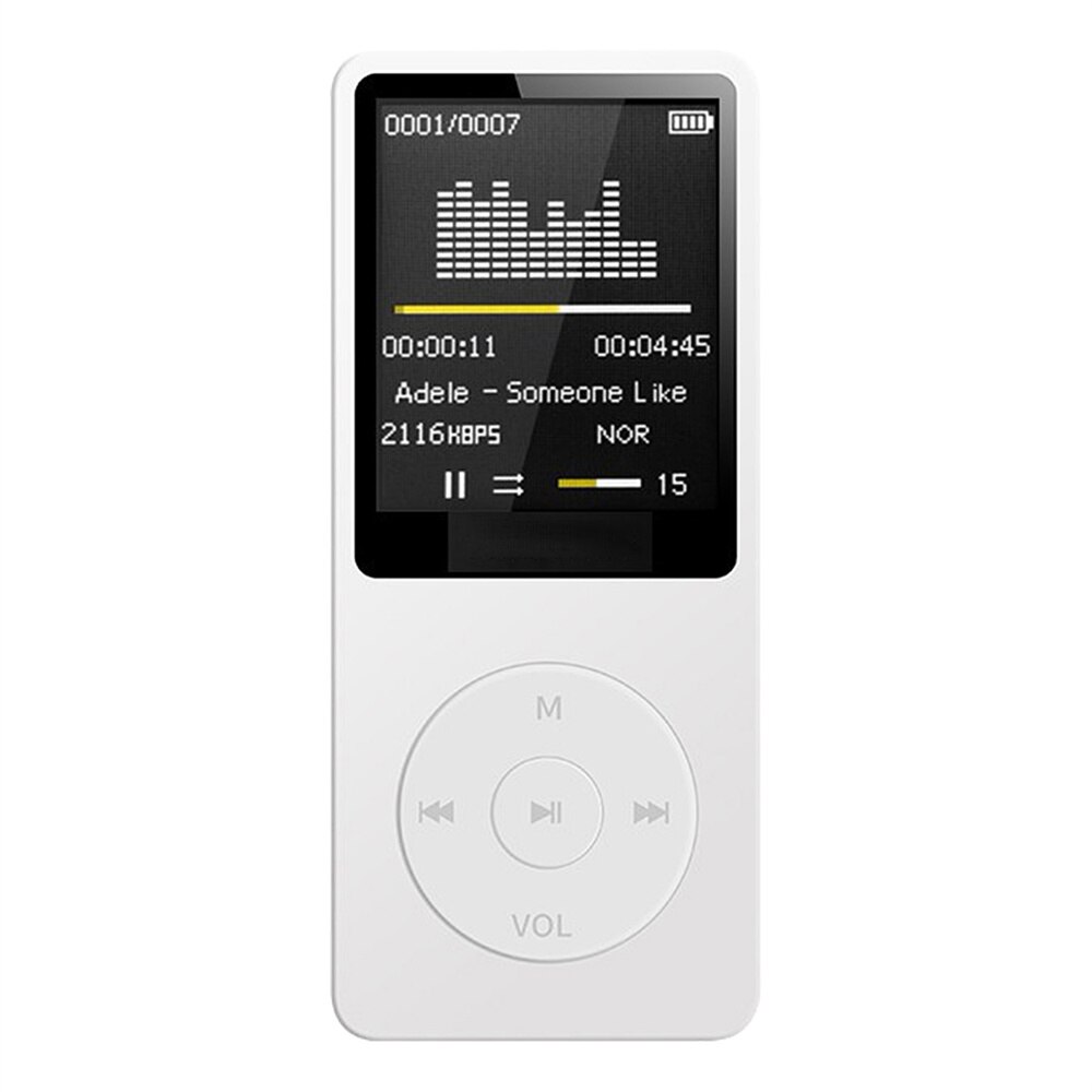 Reproductor MP3 portátil con pantalla TFT de 1,8 pulgadas, micrófono incorporado, batería de litio, compatible con tarjeta TF, Radio FM, grabación de voz, reproductor MP3: Blanco