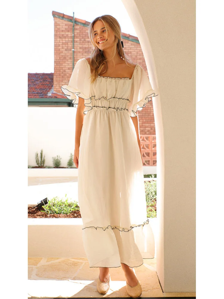 Kjole med åben skulder og svajer til kvinder, patchwork-design, midi-afslappet kjole, beige, feriekjoler