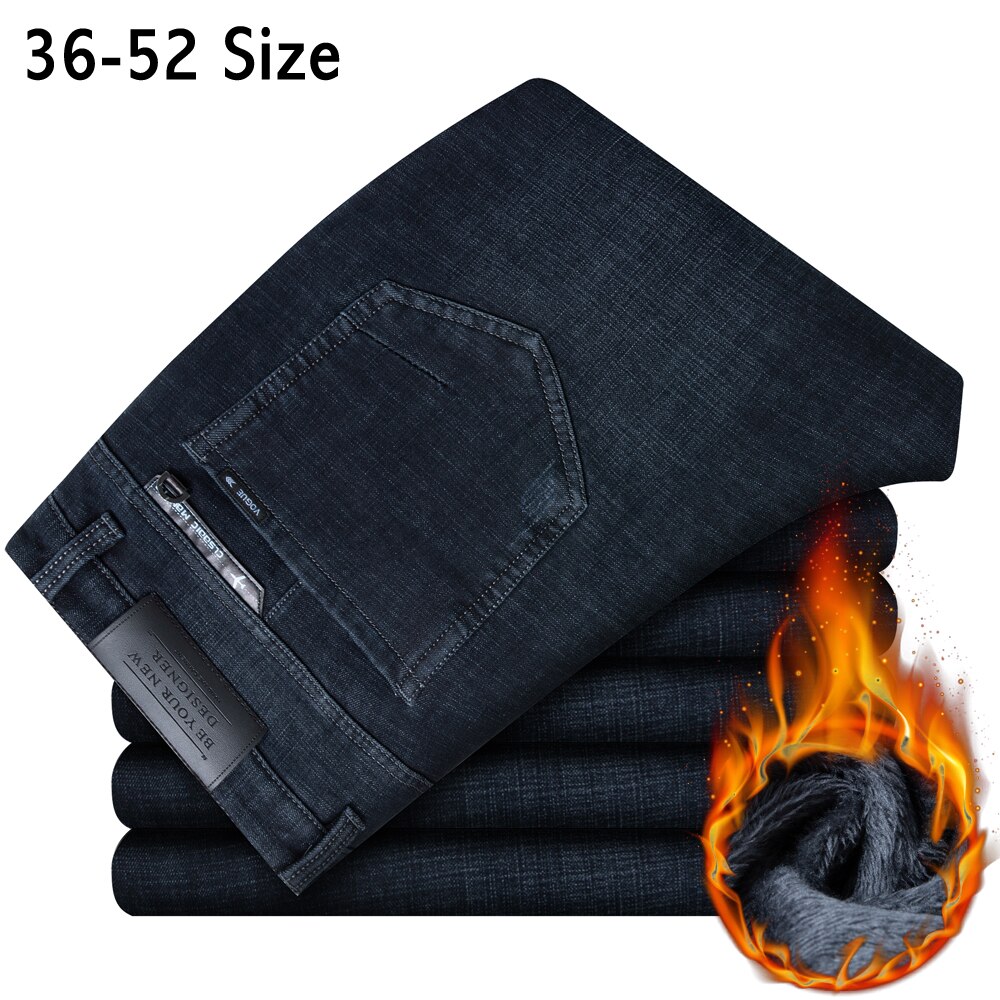 Pantalones vaqueros cálidos para hombre, pantalón grueso de lana de talla grande, 46 48 50 52, pantalones vaqueros holgados de corte recto de negocios,: 52