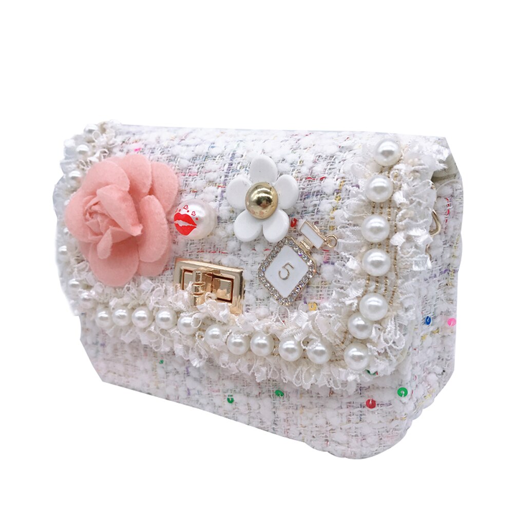 Children Kids Girls Cute Flower Pearl Round Princess Handbag Shoulder Messenger Bag Cross Body Bag: Flower White