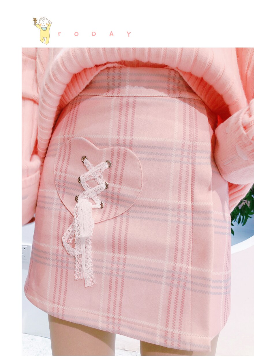 Vrouwen A-lijn Plaid Wollen Lace-Up Plisse Shorts Rok Preppy Stijl Schattige Japanse Herfst Roze Kawaii Hart Pocket Zoete rokken: Roze / S