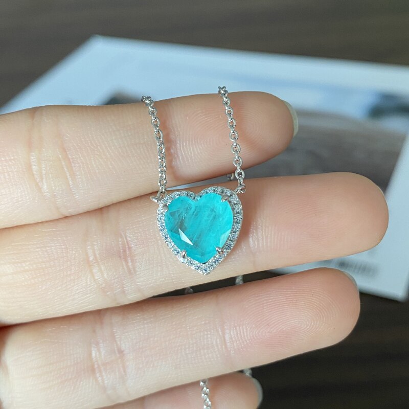 Oevas 100% 925 Sterling Zilver 10*10Mm Hart Synthetische Paraiba Toermalijn Hanger Ketting Voor Vrouwen Partij Fine Jewelry