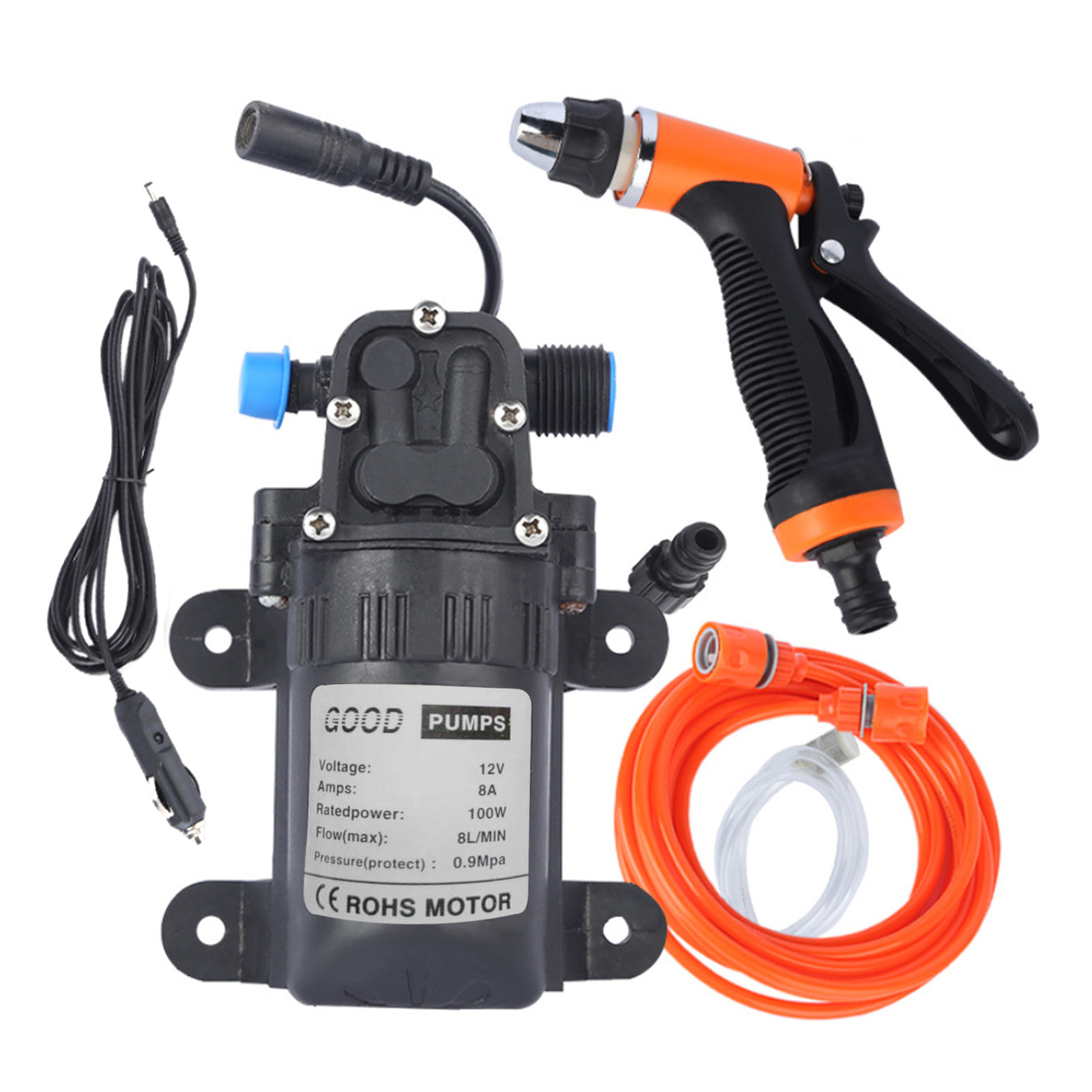 Højtryksvaskemaskine til bil, 12v elektriske pumper + vaskesprøjte, 2 tilstande + strømkabel + slanger
