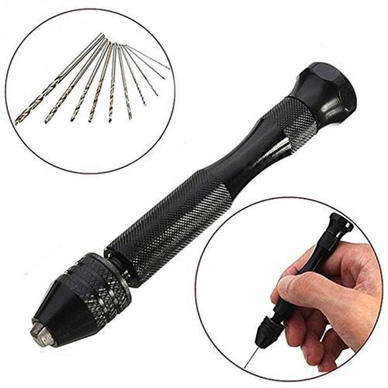 Mini Micro taladro manual de aluminio, mandril sin llave y 10 uds, brocas, herramientas rotativas helicoidales H4D8