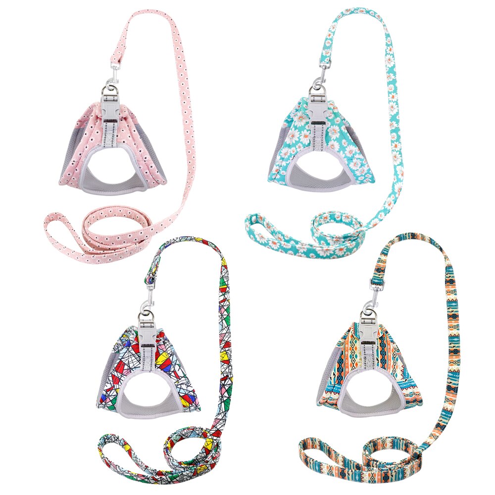 Reflective Dog Harness Soft Mesh Pet Puppy Harness Leash Set French Harnesses Bulldog Printed Dogs Small Medium Vest