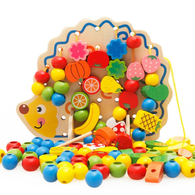 Best Wooden Fruits And Vegetables Lacing & Stringing Beads Toys With Hedgehog Board For Above 3 Years Old Kids