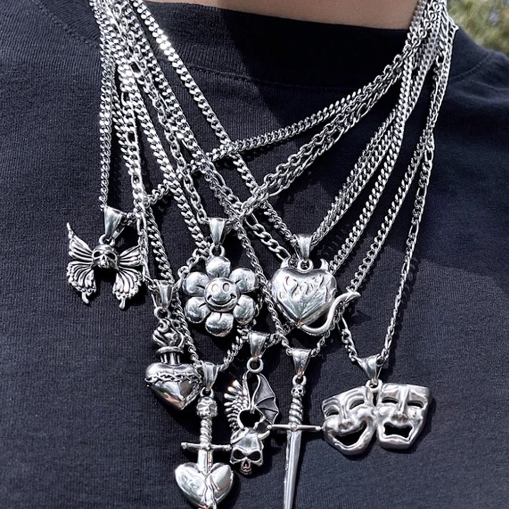 Retro styl hip-hopowy naszyjnik para Daisy Butterfly Smiley wisiorek z czaszką kreatywne ciemne szwy naszyjnik akcesoria damskie