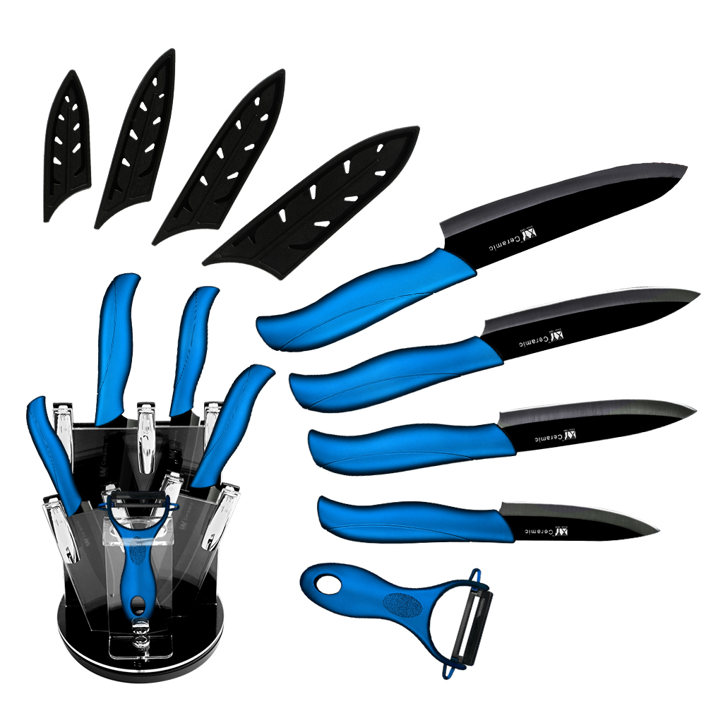 Keramik Messer 3 4 5 6 zoll Küchenmesser Set Peeler Zirkonia Schwarz Weiß Klinge Obst Koch Messer Vege Kochen werkzeug Stand Abdeckung Fall: Blue 6 Pcs Set