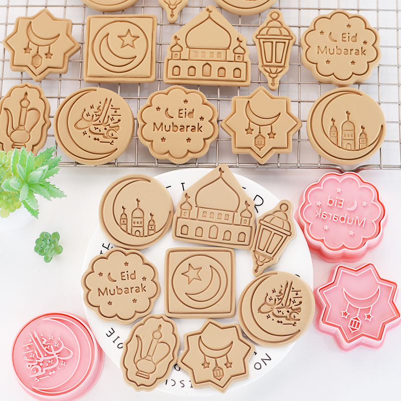 8 Teile/satz Eid Mubarak Ausstechformen Kunststoff 3D Mond Stern Pressbare Keks bilden Cookie Stempel Küche Backen Gebäck Backformen