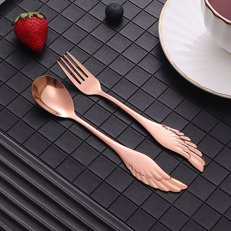 16Cm Creatieve Wings Rvs Lepel Vork Hotel Restaurant Titanium Plated Lepel Vork Bestek Vorken En Lepel Set: Rose Gold