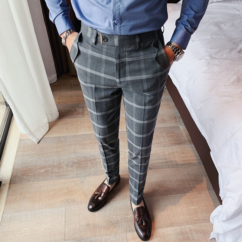 affaires décontracté Slim Fit Plaid pantalon hommes robe automne Slim Fit tout Match droit bureau pantalon vêtements de cérémonie