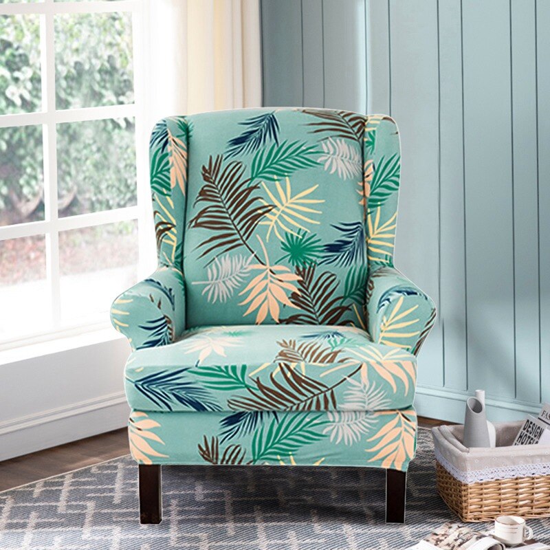 Sloping Arm Wing Back Chair Cover Stretch Wingback Armchair Cover 2 Piece Set Elastic Spandex Chair Slipcover for Home Decor