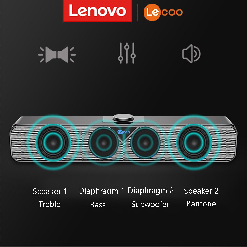 Lenovo Lecoo DS102 Sound Bar Wireless Bluetooth 5.0 Speaker USB Powered Wired Mini Soundbar Speaker Subwoofer for PC Tablet