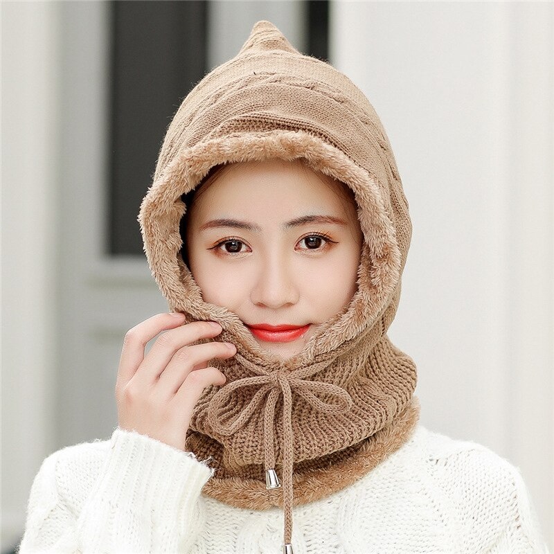 Lue skjerf hette dame vinter pluss fløyel fortykket sykkel alt-i-ett varm strikket ulllue