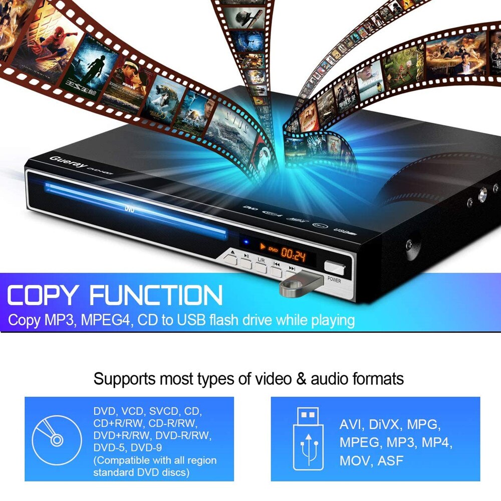 Reproductor de DVD compacto con pantalla LED para el hogar, control remoto de Audio en casa, compatible con función de copia de CD para conexión de TV