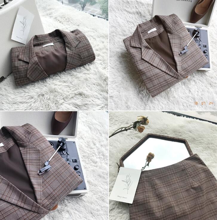 Vintage blazer nederdel jakkesæt hakket langærmet plaid jakke frakke+kort blyant nederdel damer forår efterår 2 dele sæt damer