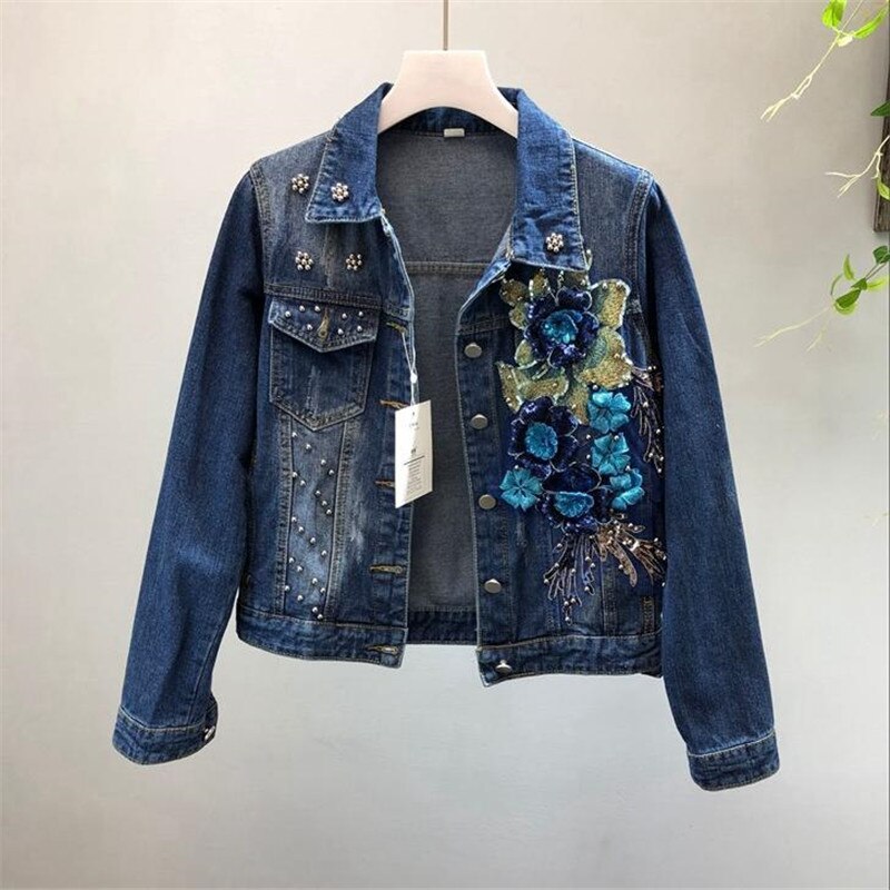 automne femmes Denim veste broderie trois dimensions fleurs perle perle court manteau à manches longues jean veste d'extérieur