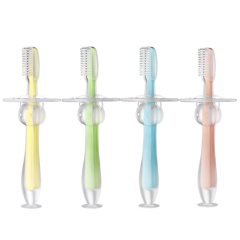 Cepillo de dientes de leche de silicona para entrenamiento de bebé, tres dimensiones con ventosa de pie, cepillo de dientes de silicona con deflector, superventas