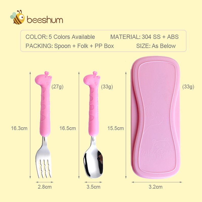 Beeshum Infant Feeding Spoon Fork Baby Gadgets Tableware Set Children Cartoon Utensil Stainless Steel Toddler Dinnerware Cutlery