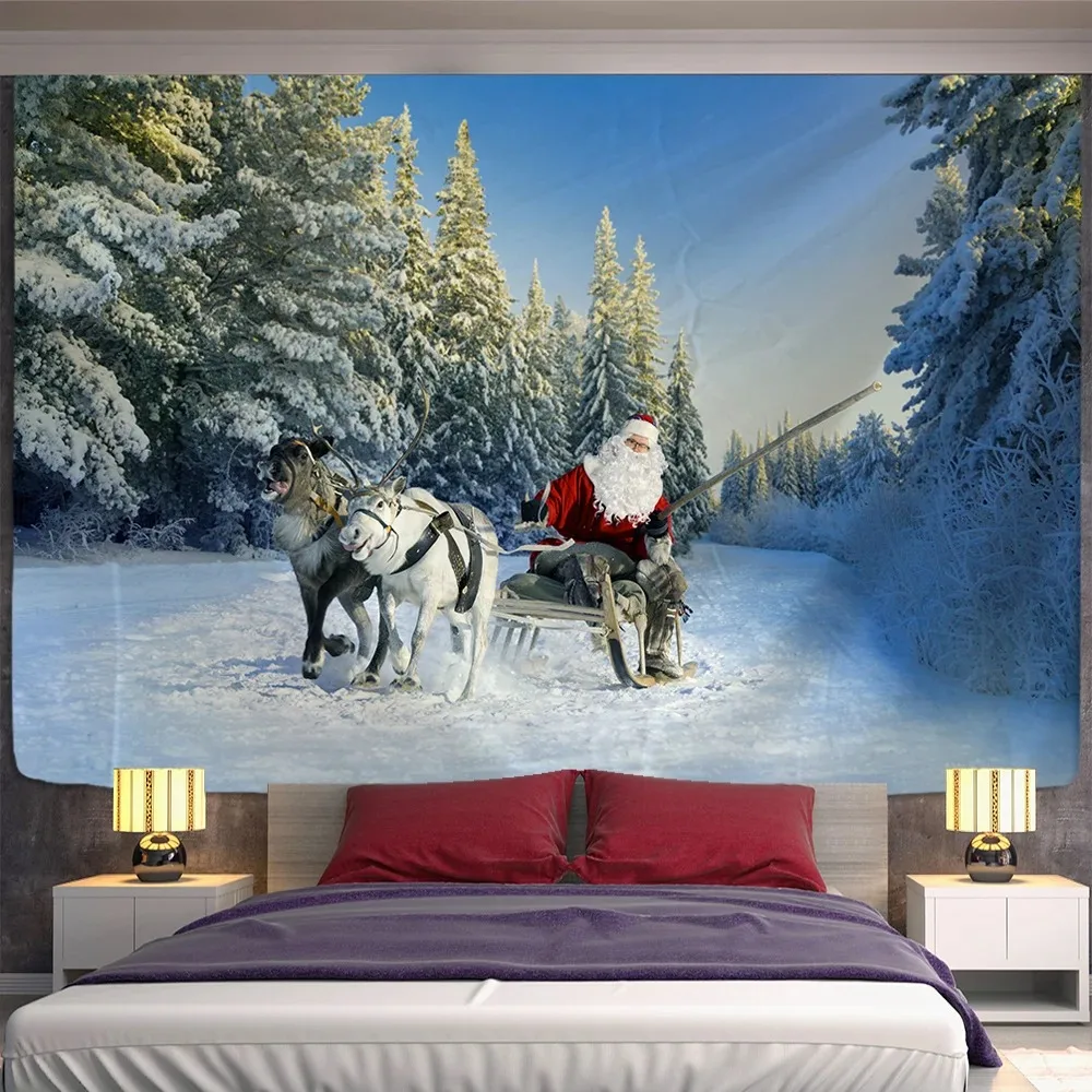 Tapisserie Scène Neige Noël - Polyester 100% Décoration Murale Chambre Salon: 200x220cm / Blanc cassÃÂ©