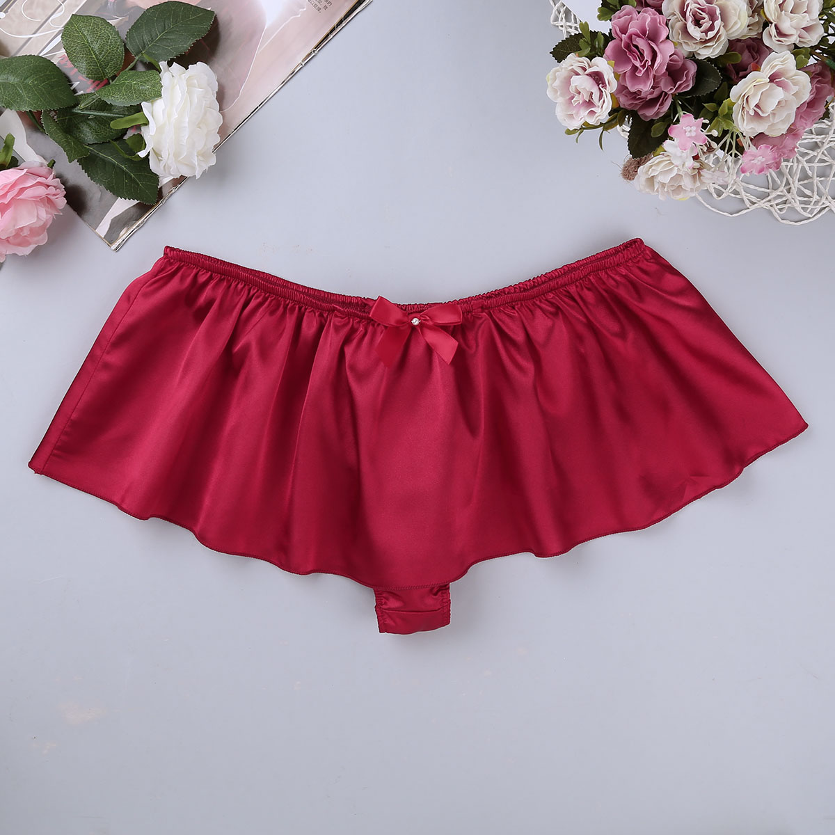 String en Satin de soie pour hommes, jupe-culotte à volants: Wine Red / M