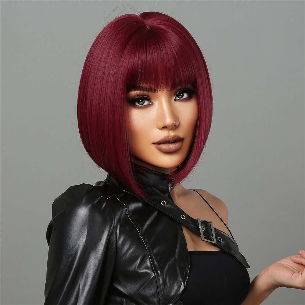 Vinho curto vermelho Bob perucas para mulheres Borgonha Bob perucas com Franja grossa peruca sintética resistente ao calor