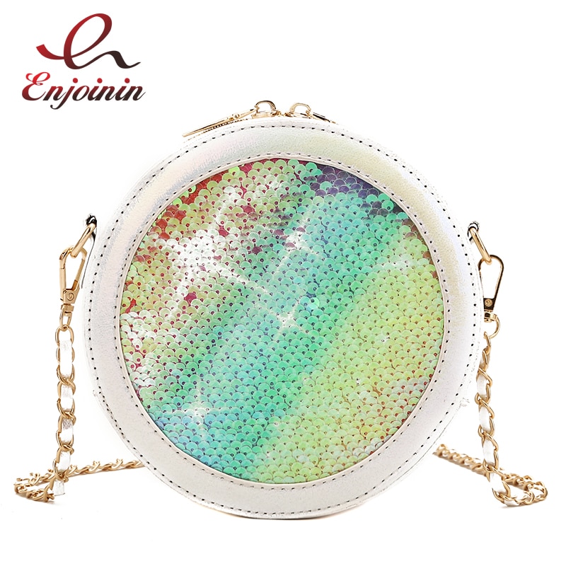Kleurrijke pailletten ronde witte en blauwe nieuwe dames schoudertas met ketting, handtassen en portemonnees, crossbody mini tas voor dames, bosla tote bag