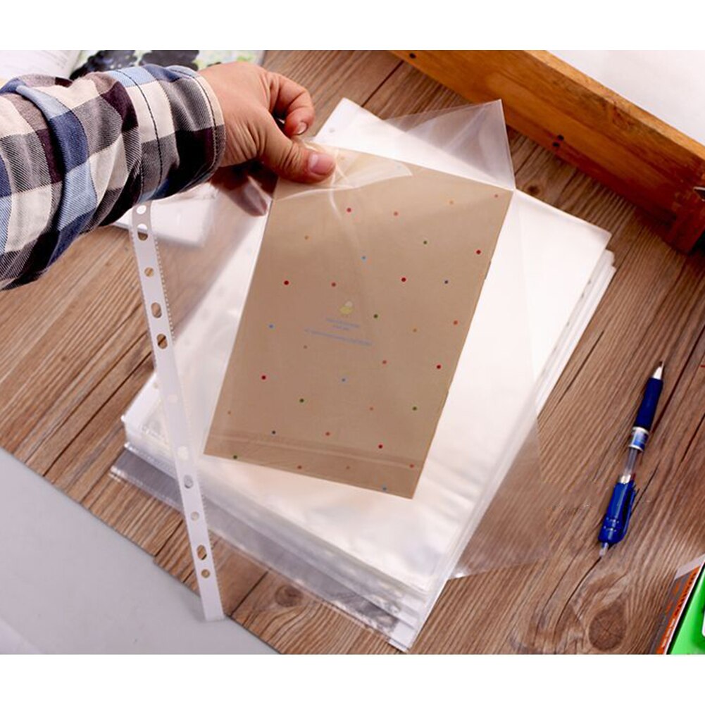 100 Pcs/Set A4 Plastic Punched Pockets Folders Filing 11 Holes Loose Leaf Documents Sheet Protectors Transparent Folder Bag