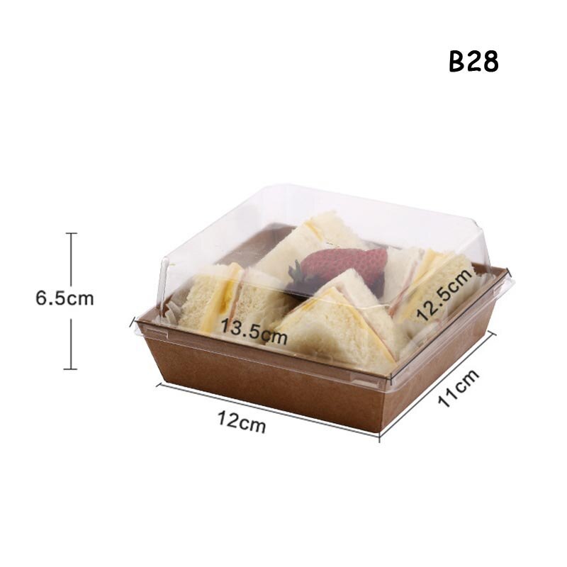Engångsmacka kartong brödlåda puffar genomskinligt lock förpackningslåda bageri snacks förpackningslåda snabbmatslåda take away: B28